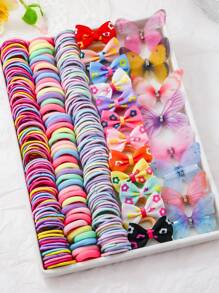266 piezas Set surtido de ligas para el cabello, bandas elásticas y accesorios para el cabello con flores, lazos y tul de colores para niñas, estilo princesa lindo para uso diario y regalos
