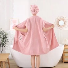2pcs Set: Corn Kernels Sleeveless Bathrobe + Bathing Cap, Simple Style Thick Soft Fiber Swan Embroidery Bathrobe, Super Absorbent 4-Season Ladies Hooded Bathrobe & Loungewear - Multicolor - View 15