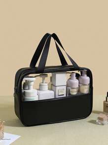 1pc Women's Pink Minimalist PU Leather Cosmetic Bag, Water-Resistant For Home, Travel For School Bag Organizer Back To School Supplies Bathroom Accessories Holiday Essentials Small Pouch Cruise Essentials Travel Accessories Pouch Bag - Black - View 1