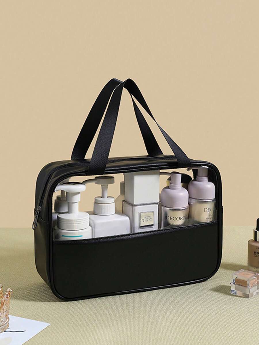 1pc Women's Pink Minimalist PU Leather Cosmetic Bag, Water-Resistant For Home, Travel For School Bag Organizer Back To School Supplies Bathroom Accessories Holiday Essentials Small Pouch Cruise Essentials Travel Accessories Pouch Bag - Black - View 1