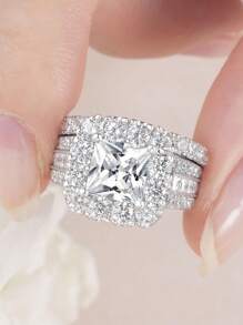 Tsnamer 2 Pcs/Set Vintage Style Princess Halo CZ Wedding Promise Engagement Ring Sets For Women Bridal Sets Jewelry Gifts - Ring - View 12