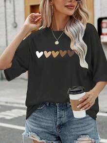 Oversized Hearts Printed T-Shirt Romantic Heart Love Life Style Dropped Shoulder Short Sleeve Aesthetic Feminino - 黑色 - 查看 3