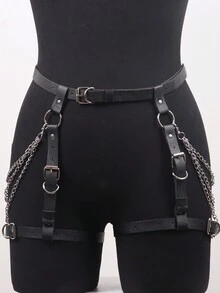 链式臀带 性感腿带 女式皮带 皮革内衣大腿吊袜带 束缚 哥特式服装配饰 - 黑色 - 查看 3