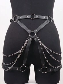 链式臀带 性感腿带 女式皮带 皮革内衣大腿吊袜带 束缚 哥特式服装配饰 - 黑色 - 查看 4