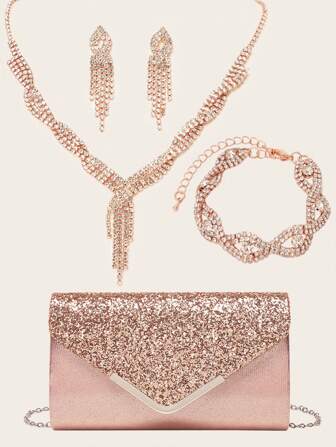 LETODE BAG 4 Pieces Women Rhinestone Evening Clutch Bag Rhinestone Ear Clip Bridal Wedding Choker Bracelet Dangle Bling Glitter Purse