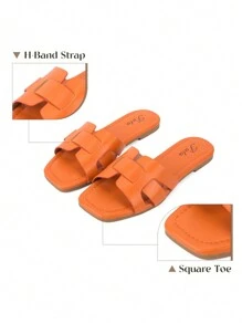 Korean Style Casual Flat Sandals H Band Sandals Fashion Summer Sandals Square Toe Dressy Comfortable - 亮橙色 - 查看 4