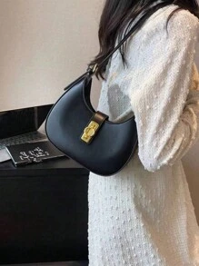 Vintage Minimalist Crescent Moon Shoulder Bag, Business Casual PU Zipper Closure, Adjustable Strap, Suitable For Women/Girls, Office Work, Shopping, Holiday Travel And Daily Use - Black - View 1