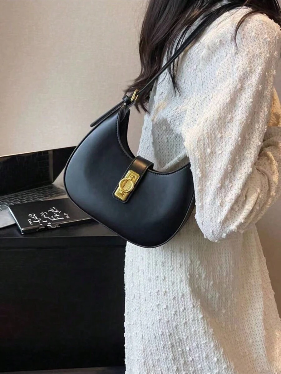 Vintage Minimalist Crescent Moon Shoulder Bag, Business Casual PU Zipper Closure, Adjustable Strap, Suitable For Women/Girls, Office Work, Shopping, Holiday Travel And Daily Use - Black - View 1