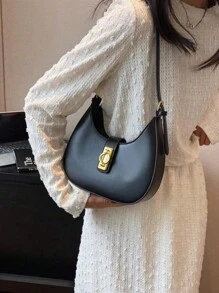 Vintage Minimalist Crescent Moon Shoulder Bag, Business Casual PU Zipper Closure, Adjustable Strap, Suitable For Women/Girls, Office Work, Shopping, Holiday Travel And Daily Use - Black - View 2
