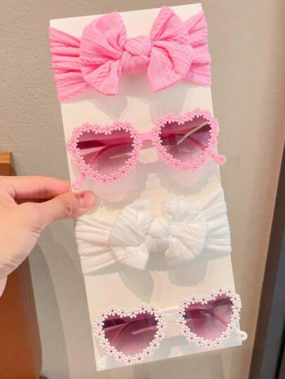 2 Pcs/Set Valentine's Day Gift New Baby Girls Boys Cute Solid Color Bowknot Hairband Flower Heart Kids Children Fashion Glasses Eyewear Hair Accessories Set, Card Only Show, Don't Send