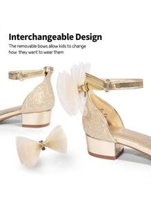 Girls Sandals Low Heel Dress Pump Ankle Strap Interchangeable Bow Flower Wedding Party Shoes For Little Kid/Big Kid - 金色閃光 - 查看 5