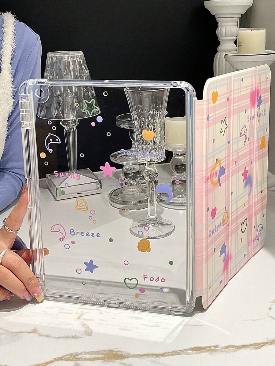 1 Stück schönes rosa Gitter Delfin, Seestern & Muschel gemustertes beidseitig transparentes Acryl Schutzhülle mit Schlaf/Aufwach Funktion kompatibel mit iPad & Tablets - Verschiedenfarbig - Übersicht 1