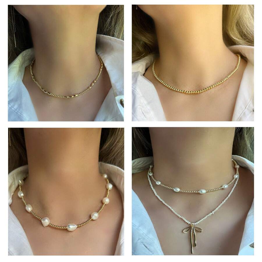 1/2 件金色仿珍珠项链 金色珠子项链 不对称仿珍珠项链 金色珠子多层项链 • - 彩色 - 查看 1