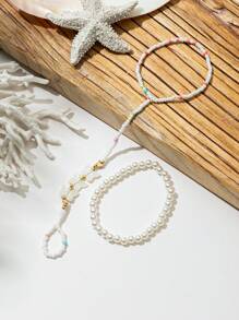 2件套波西米亚海滩度假风人造珍珠贝壳蝴蝶结串珠脚链套装（女士） - 彩色 - 查看 8