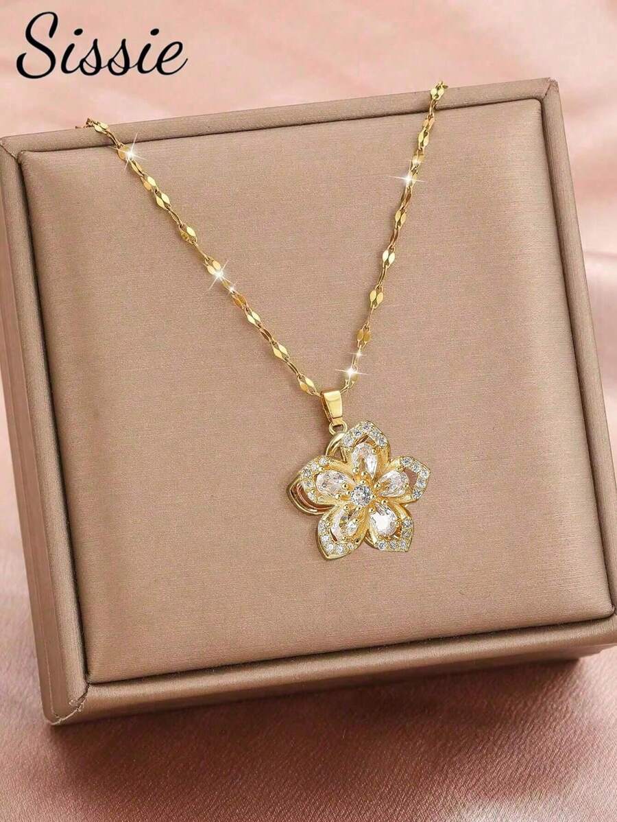 1pc Stainless Steel Rotating Five-Petal Flower Pendant Necklace Suitable For Girls Kids Family Friends Summer Delicate Fashion Beach Party Vacation Jewelry Accessory For Birthday Gift
