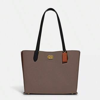 Coach 女士抛光卵石色皮革 Willow 手提包大容量购物工作包，中央拉链口袋，旋锁和磁性按扣开合 C0692 B4CBD