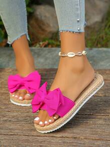 Sandalias planas de moda con lazo y suela de cuerda de lino sintético, talla grande 35-45, cómodas, transpirables y de fácil calce para dama, ideales para el verano - Rosa Fucsia - Ver 5