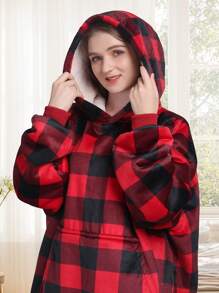 1 Pcs Sherpa Wearable Blanket Hoodie, Oversized Sherpa Fleece Sweatshirt Blanket With Giant Hood Pocket And Sleeves For Adult, Warm & Cozy Blanket Gifts For Women - Red and Black Plaid - View 4
