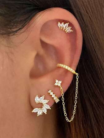 Luxury 24K Gold Plated Cubic Zirconia Unique Design Hoop Earrings For Women Zirconia Stud Chain Earrings Set