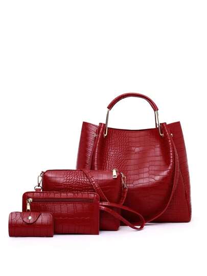 PU Solid Color Fashion Crocodile Pattern Retro Commuter Handheld Tote Bag Cross Body Bag Coin Purse Set Of 4