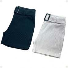 Ribbed Shorts With Fake Belt For Adult Women - màu đen - Xem 2