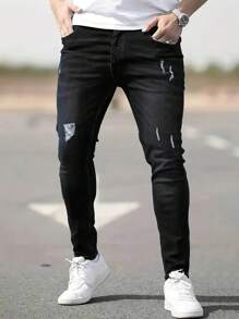 Men's Fashionable Slim Fit Black Ripped Distressed Stretch Jeans, Grunge - Black - View 3
