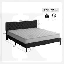 Upholstered  Bed Frame With Headboard, Linen Platform Bed  Frame With Wooden Slats Support,Twin/ Full/ Queen/ King,Pink/ White/ Blue/ Light Grey/ Dark Grey/ Black/ Cream - 深灰色 - 查看 10