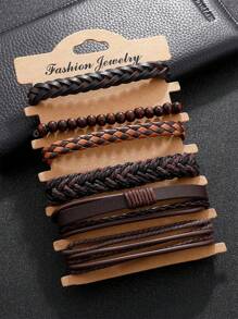 6pcs/Set Men's Fashionable PU Woven Bracelets, Stylish Jewelry Accessories Gifts - Brown - View 1
