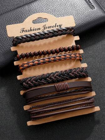 6pcs/Set Men's Fashionable PU Woven Bracelets, Stylish Jewelry Accessories Gifts