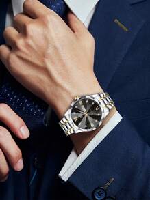 VA VA VOOM Relógio de quartzo masculino, estilo moderno e luxuoso com escalas de strass, calendário duplo, rebite de aço inoxidável, luminoso, casual e empresarial