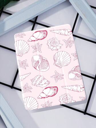 1 pieza Funda protectora para tableta con patrón de concha de mar rosa, anticantos, con ranura para bolígrafo, compatible con Samsung, Huawei, Xiaomi y iPad, con función de suspensión/activación