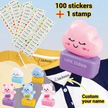 100pcs Personalized Name Stickers And 1pc Custom Name Stamp For Clothing Waterproof The Name Stamp Personalized For Clothes ,Handwritten Signature Stamp,Personalized Clothing Stamps For Clothes, DIY Customized Cartoon Self Inking Name Seal Stamp For Business Use School Student Stationery Gift Back To School