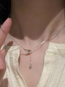 1pc Minimalist Water Drop Tassel Necklace, Unique Design Elegant Vogue Necklace For Women - Silver - View 2