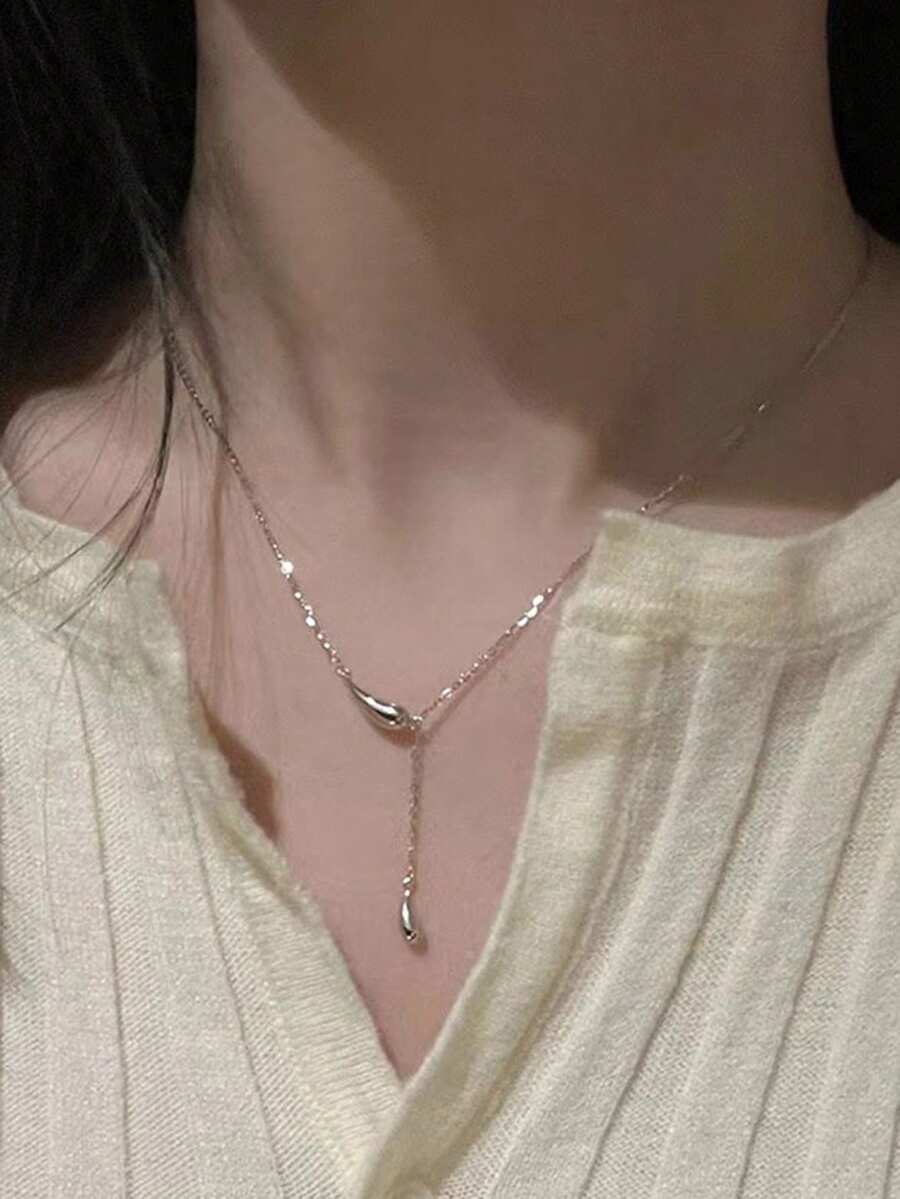 1pc Minimalist Water Drop Tassel Necklace, Unique Design Elegant Vogue Necklace For Women - Silver - View 1