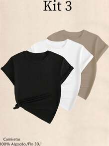 Kit 3 Plain Basic T-Shirt 100% Cotton Thread 30.1 Men's Unisex Breathable Reinforced Costume Fast Shipping!! - White - View 1