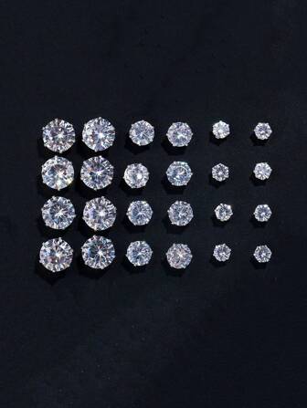12 Pairs Cubic Zirconia Round Stud Earrings Set, Elegant Pierced Jewelry Decoration Gift