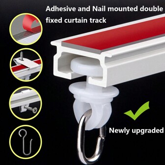 A Set Hidden Nano Silent Sliding Ceiling & Wall  Curtain Rail Set, Self- Adhesive And Nail Mouted Brackets 2 In 1 Double Fixed Curtain Track With Roller Hooks For Windows, Bedrooms, Showers, Closets And RVs - Easy To Install Curtain Rail