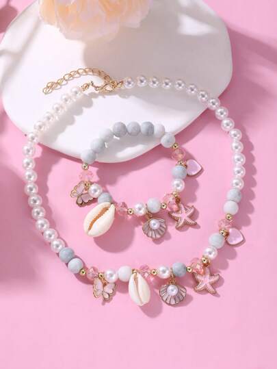 2pcs/Set Girls Starfish Shell Butterfly Pearl Beaded Necklace And Bracelet Set
