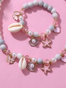 2 件套女孩海星贝壳蝴蝶珍珠串珠项链和手链套装