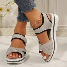 Women's Platform Wedge Sandals Casual Summer Pad High Heel Sandals Adjustable For Outdoor Leisure Travel - 灰色 - 查看 10