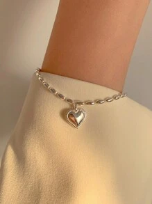 S925纯银橄榄链心形手链，设计简约，以小米粒为特色，适合送给女朋友和女性朋友 - 銀色 - 查看 4