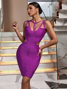 Summer Sexy Spaghetti Strap V Neck Cut Out Dress Elegant Purple Short Bodycon Bandage Dress Evening Cocktail Party Dress For Women - Purple - View 2