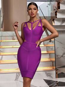 Summer Sexy Spaghetti Strap V Neck Cut Out Dress Elegant Purple Short Bodycon Bandage Dress Evening Cocktail Party Dress For Women - Purple - View 3