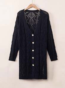 Boho Retro Cotton Mix Crochet Knit Hollow Light Weight Button Front Side Slit Long Cardigan - màu đen - Xem 7