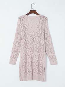 Boho Retro Cotton Mix Crochet Knit Hollow Light Weight Button Front Side Slit Long Cardigan - Khaki - View 6