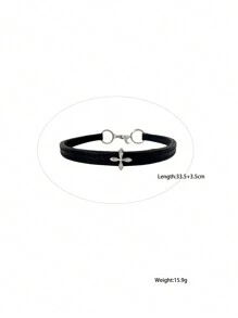 1pc Titanium Steel Non-Fading Double Layer Silver Rose Flower Leather Choker Necklace For Women - Black - View 7