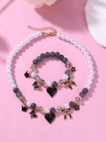 2 件套女孩海星贝壳蝴蝶珍珠串珠项链和手链套装