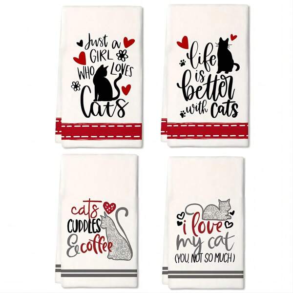 طقم 2قطعة "الحياة أفضل مع القط" منشفة مطبخ وفوطة صحون بشعار قطة بشكل قلب كرتوني، قماش غسيل بوليستر حديث، قماش تجفيف ناعم ماص، لوازم المطبخ والتنظيف، ضروريات الحمام