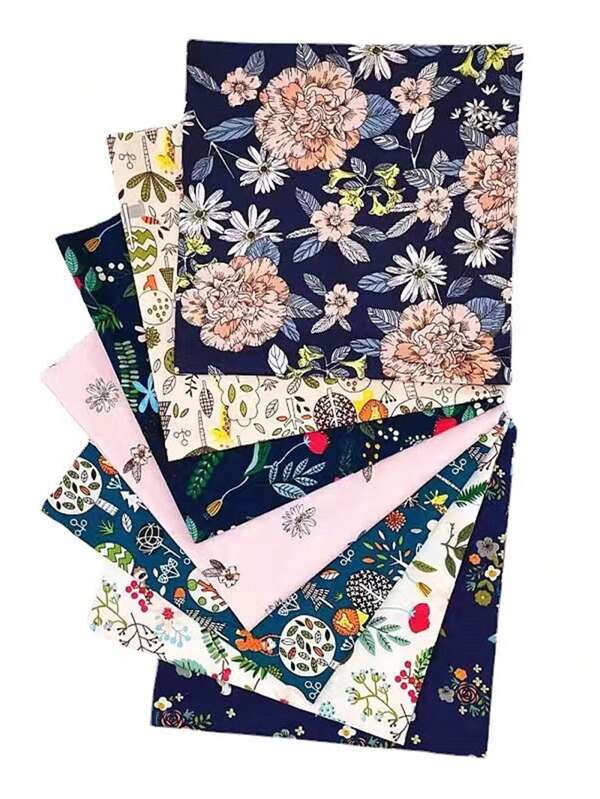 7 piezas Tela tipo crespón de estilo japonés en color oscuro con estampado floral y de pájaros, hecho a mano de manera artesanal, adecuado para ropa, mantel, decoración del hogar