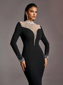 Faeriesty Women's Wedding Dress Bridal Gown With Stand Collar & Beaded Long Sleeves - Crystal-Embroidered Sheer Yoke, Flattering Fish-Tail Silhouette, Elegant Cuff Detailing - Perfect For Wedding Ceremonies - Black - View 7